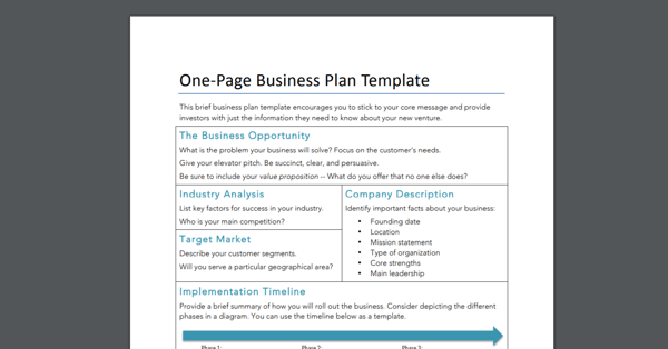 one page business plan template for sme