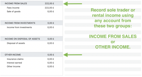 Record sole trader or rental income using any account from INCOME FROM SALES or OTHER INCOME.