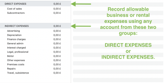 Record allowable business or rental expenses using any account from DIRECT EXPENSES or INDIRECT EXPENSES.