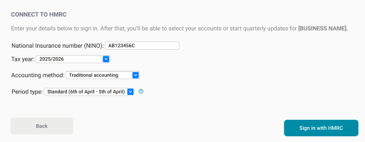 Sign in to HMRC and enter your details: NINO, accounting method and period type.