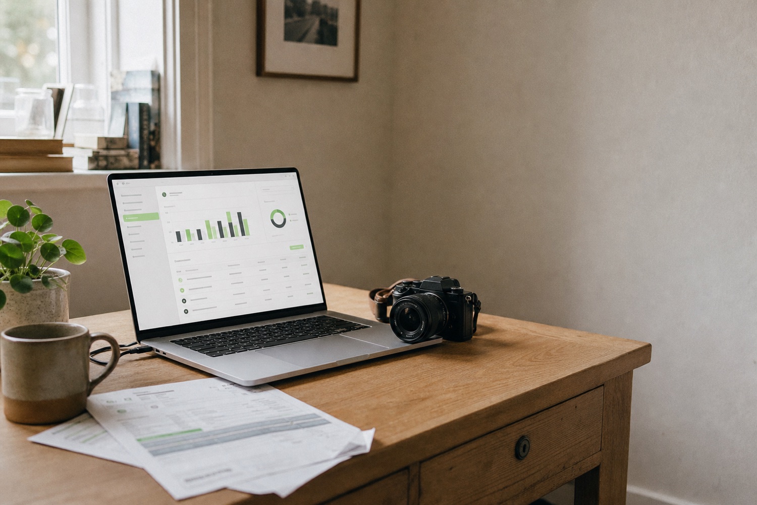 A MacBook on a studio desk showing a bookkeeping ledger, with a camera and invoices beside it