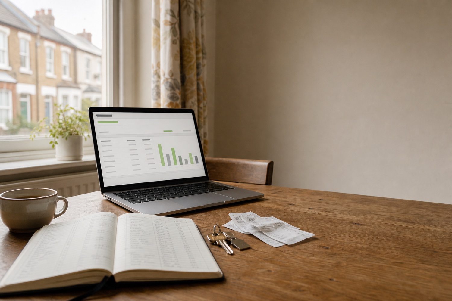 A landlord at a kitchen table checking rent records with keys, receipts and a laptop