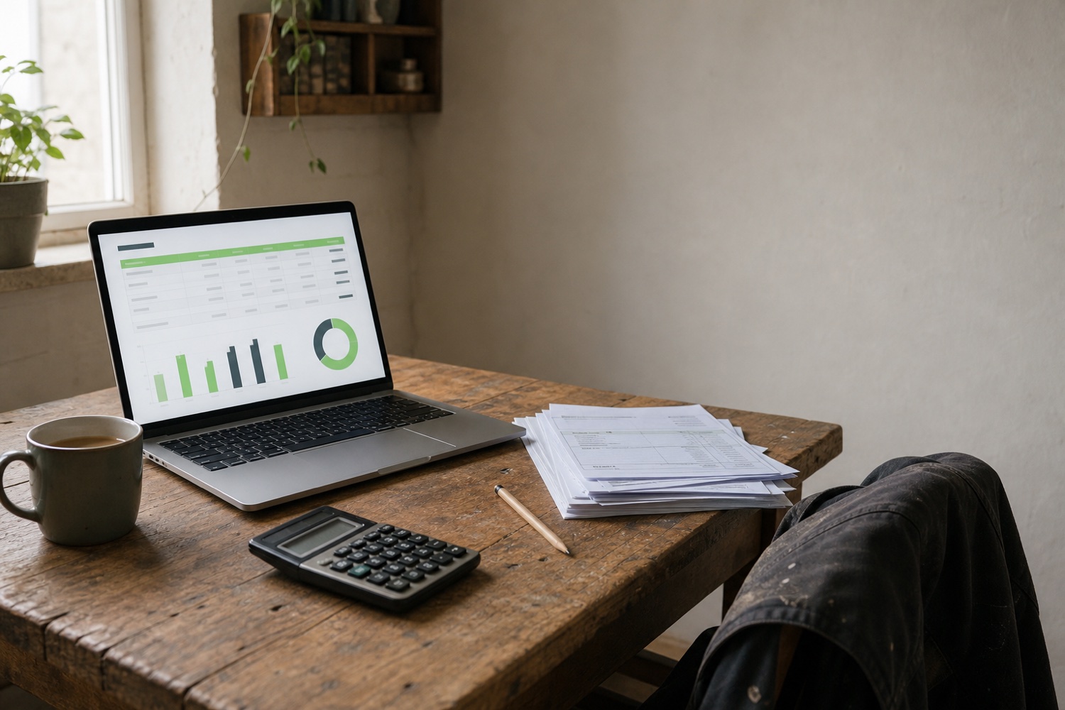 A plumber's home office with a laptop showing a VAT summary, a calculator and VAT invoices
